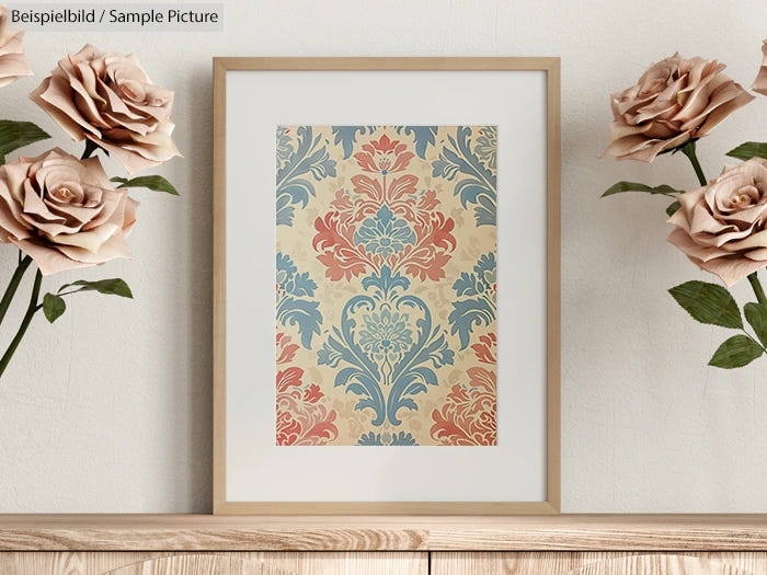 Framed vintage floral print with red, blue, and beige colors, placed between two ornate pink roses.