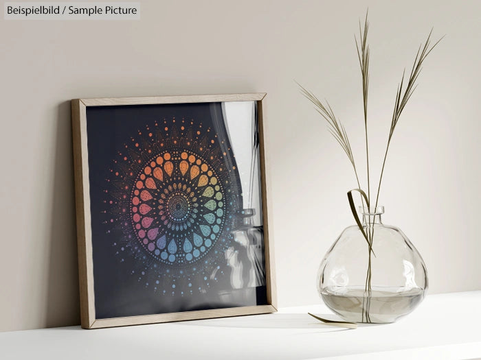 Framed mandala art piece with rainbow colors beside a clear vase holding delicate branches.