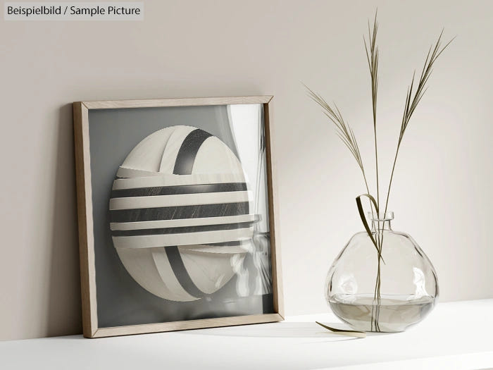 Decorative art piece with a circular design in neutral tones beside a clear vase with grass stems.