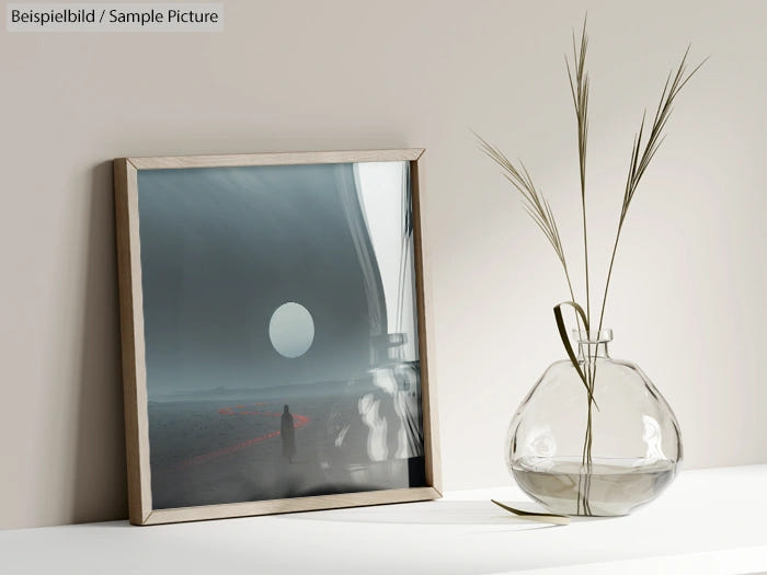 Artwork of a person under a large moon, displayed in a wooden frame beside a glass vase with tall grass.