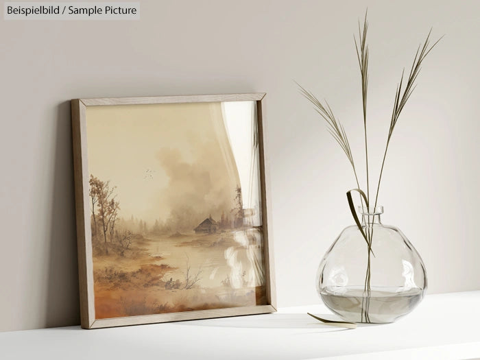 Framed landscape painting beside a glass vase with tall grass stems on a white shelf.