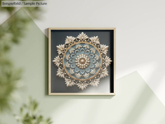 Square framed mandala artwork with floral design on a light wall.