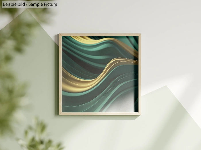 Framed abstract artwork with green and gold wavy patterns on a light-colored wall.