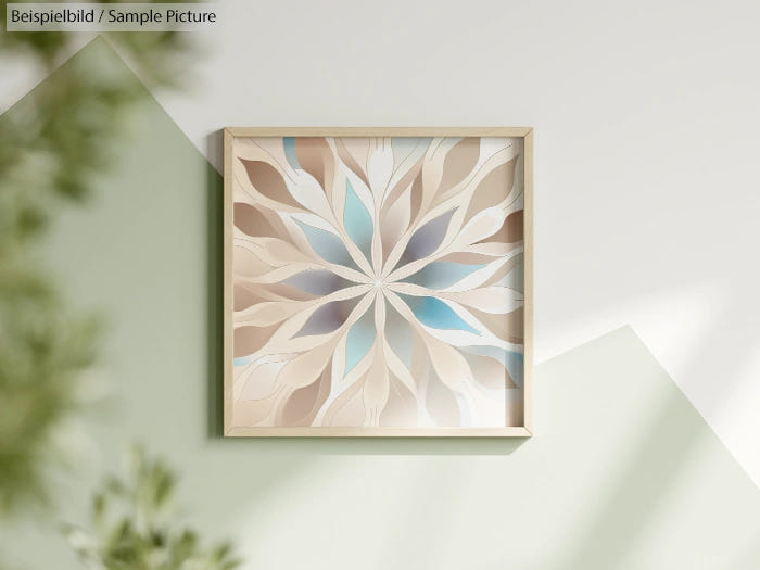 Framed abstract art with a starburst pattern in blue, beige, and white on a pastel wall.