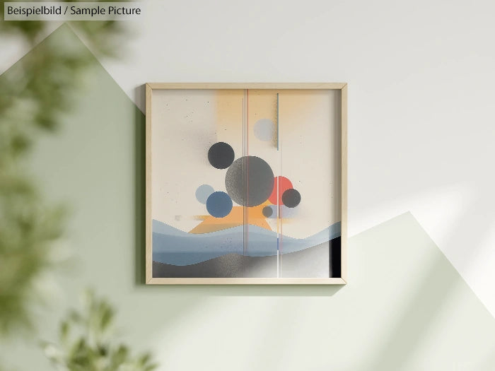 Minimalist geometric painting with circles and waves in a wooden frame on a light wall.