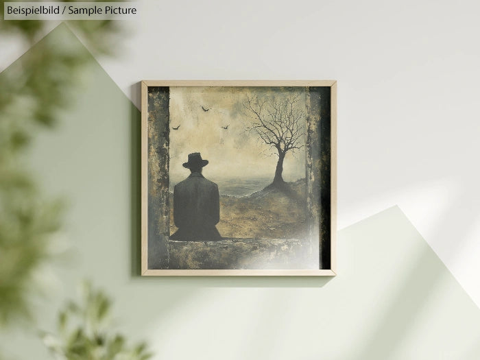 Framed painting of a figure in a hat by a barren tree overlooking a cloudy sky with birds.