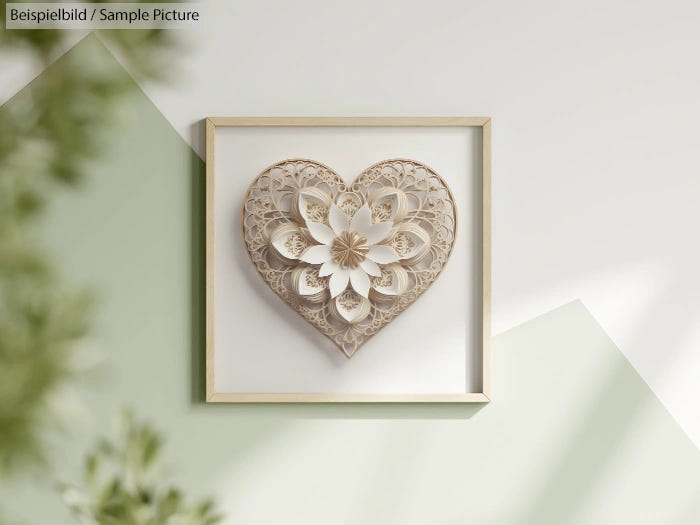 Framed paper art heart design with intricate floral patterns on a light background.