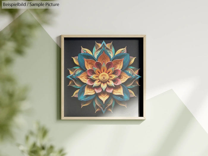 Framed intricate mandala with colorful layers on a wall.