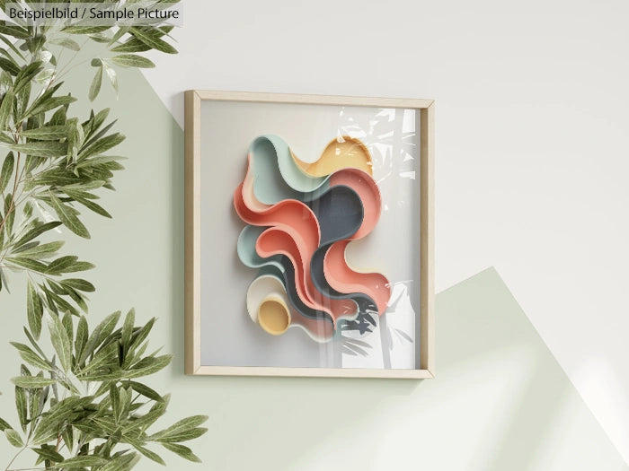 Framed abstract art with colorful, wavy shapes; white wall background and green plant leaves on the side.