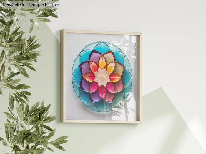 Framed geometric art with colorful layered petals inside a circle, hanging on a pastel green wall with plant leaves.