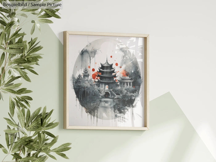 Framed painting of a traditional Asian pagoda with splashes of red, surrounded by abstract gray and green elements.