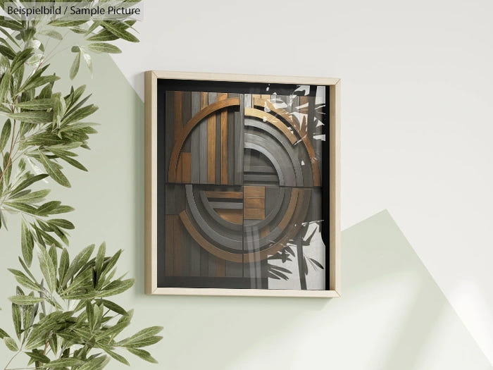 Modern abstract wall art with circular wooden and metal design.