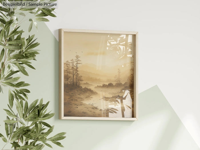 Framed sepia-toned landscape painting on a light green wall with leafy branches nearby.