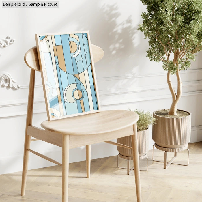 Abstract geometric art in wooden frame on chair, beside potted plants in sunlit minimalistic room.