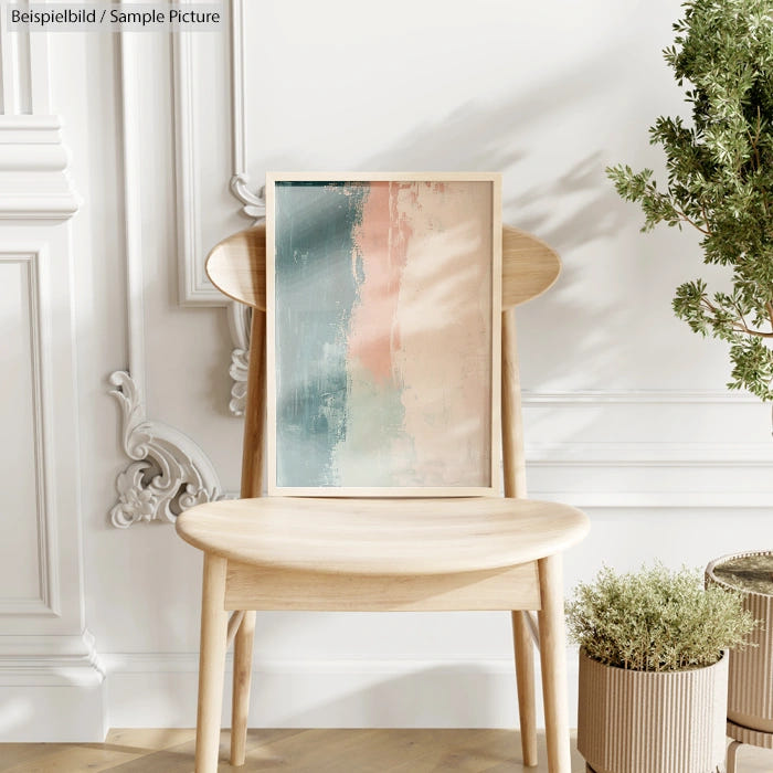 Framed abstract pastel painting on wooden chair in chic white room with decorative plant and ornate wall details.