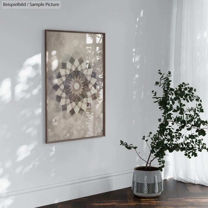 Wall with geometric mandala art and a potted plant on wooden floor.