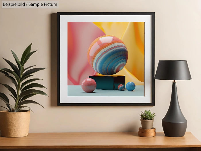 Modern living room with abstract art, lamp, and plants on a wooden shelf.