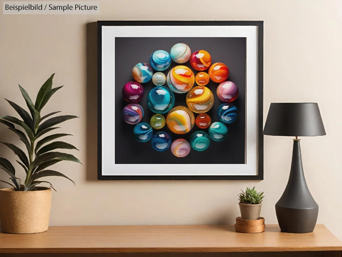 Modern wall art with colorful abstract spheres, framed on a beige wall above a wooden table with plants and a lamp.