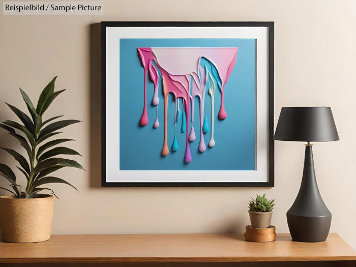 Framed abstract artwork with colorful dripping paint on a modern wall, next to decorative plants and a lamp.