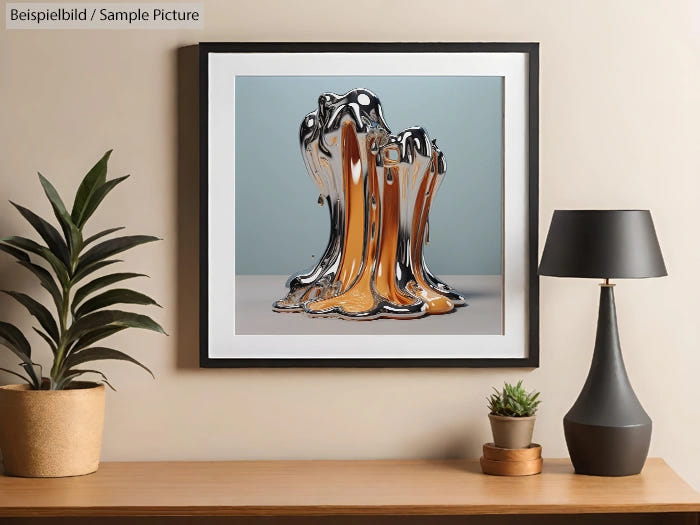 Modern interior with framed abstract art, silver and orange sculpture, potted plants, and a black table lamp.