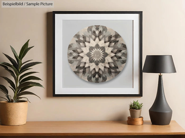 Modern living room with abstract geometric wall art, black lamp, and small plants on a wooden table.