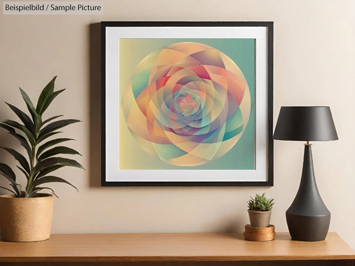 Modern geometric art in a frame on beige wall, beside a black lamp and green potted plants on a wooden table.