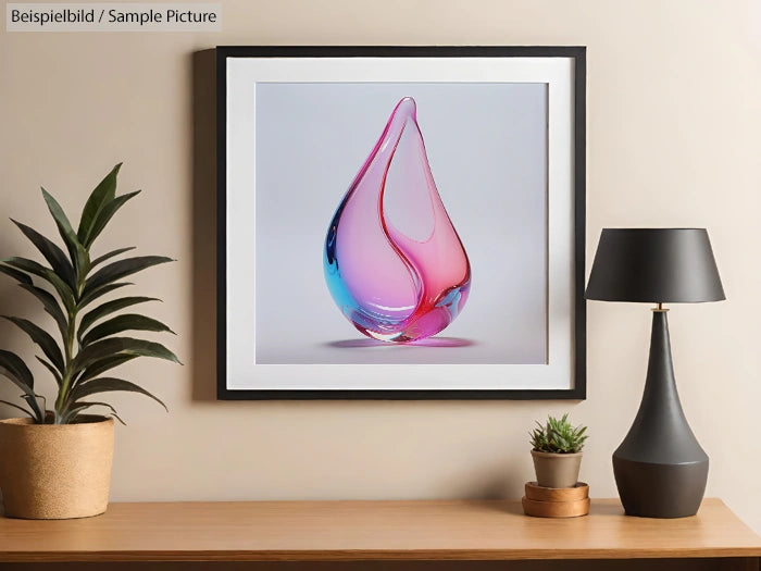 Framed artwork of pink and blue glass sculpture on wall above table with lamp and plants.