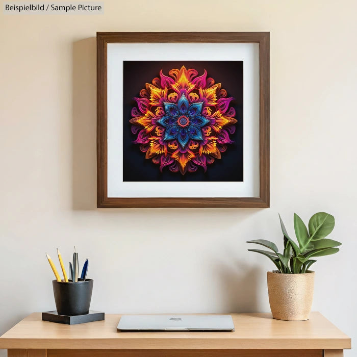 Framed mandala artwork with vibrant colors on wall above desk with laptop, plant, and cup of pencils.