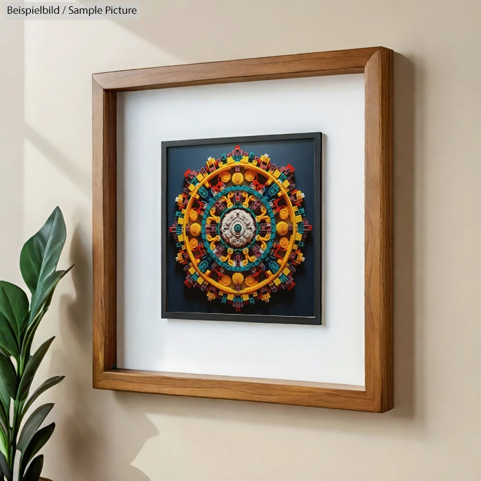 Colorful circular artwork in wooden frame, featuring intricate patterns and gears, hung on a beige wall.