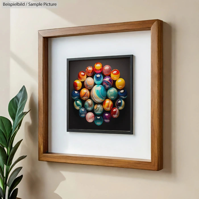 Framed abstract artwork with colorful spheres on a dark background, displayed on a wall near a green plant.