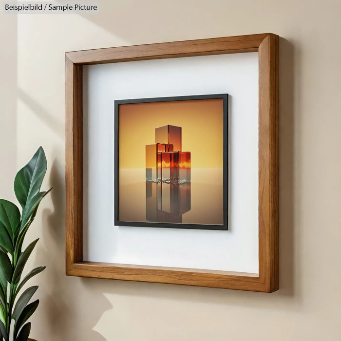 Framed abstract art print with warm tones, displayed on a beige wall next to a houseplant.