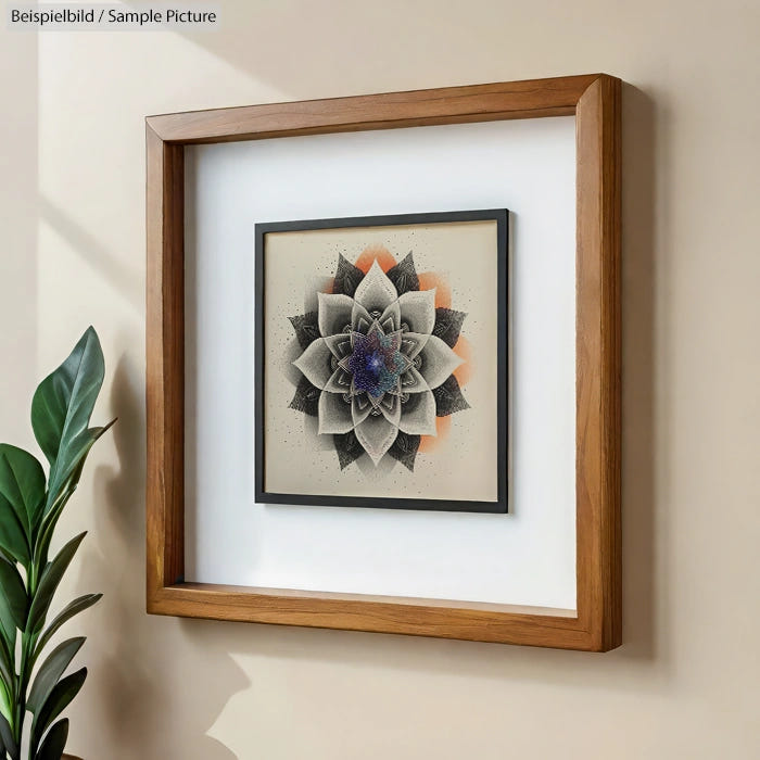 Framed geometric artwork with a flower motif, in a wooden frame hung on a beige wall, with a plant nearby.