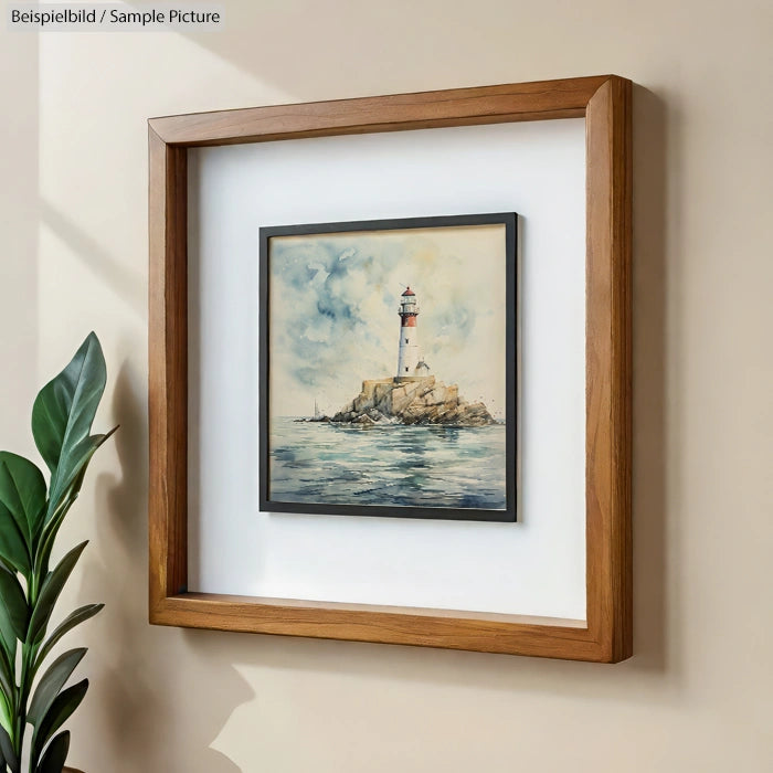 Framed artwork of a lighthouse on a rocky coast, displayed on a light-colored wall, with a plant nearby.