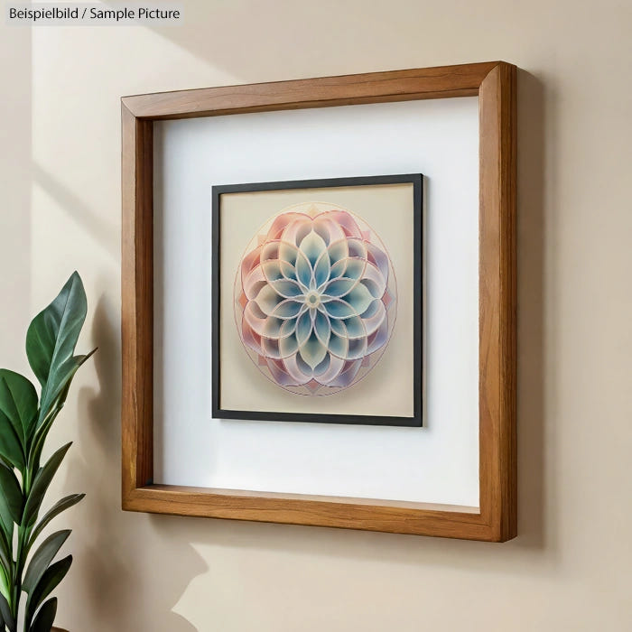 Intricate geometric design framed in wood, featuring pastel-colored overlapping petals, hung on an off-white wall.