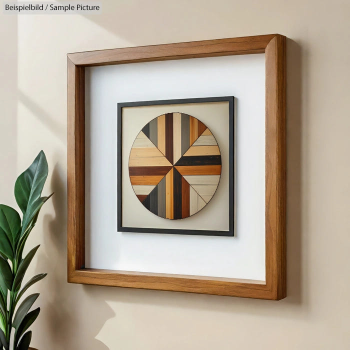 Geometric wall art with wooden segments in a wooden frame, displayed on a beige wall with a plant shadow.