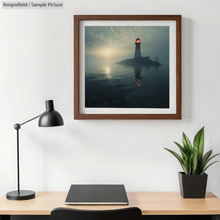 Framed lighthouse photo on wall above desk with lamp and potted plant, creating a serene office atmosphere.