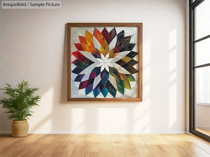 Colorful geometric wall art in a bright room with potted plant, natural light streaming through large windows.