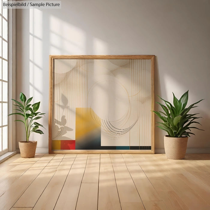 Framed abstract art with geometric shapes, placed between two potted plants on a wooden floor by a sunlit window.