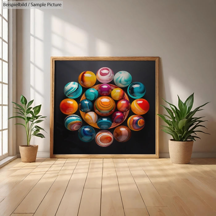 Modern art piece with colorful marbled spheres on a black canvas, framed in wood, flanked by potted plants on a wooden floor.