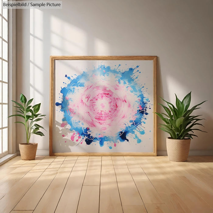 Framed abstract painting with blue and pink splatters on a white background, set between two potted plants in a sunlit room.