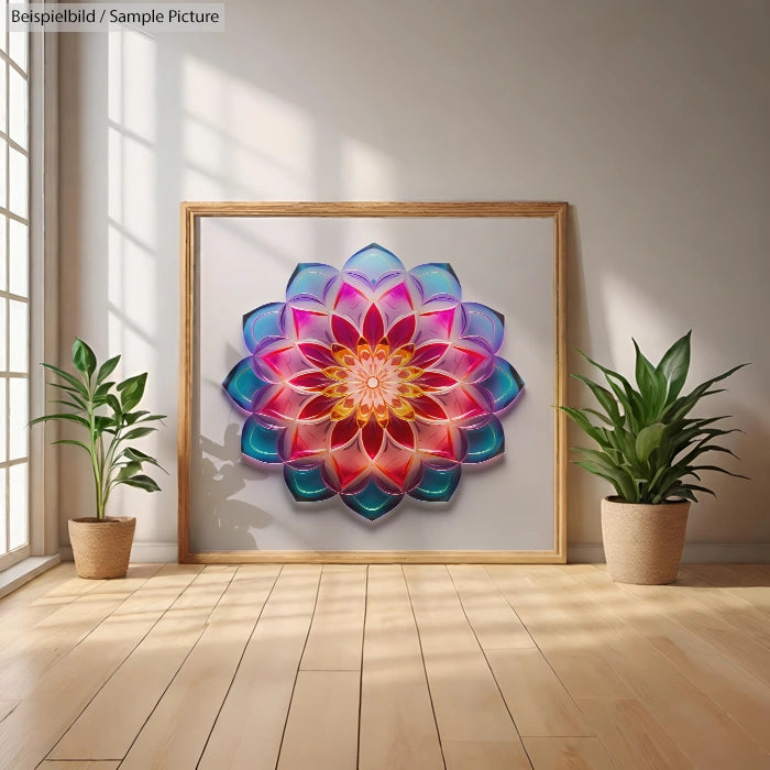 Colorful geometric flower artwork framed between two potted plants on a wooden floor, lit by natural light from large windows.