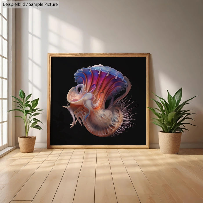 Framed artwork of a jellyfish-like creature with vibrant colors, displayed on a wooden floor between two potted plants.