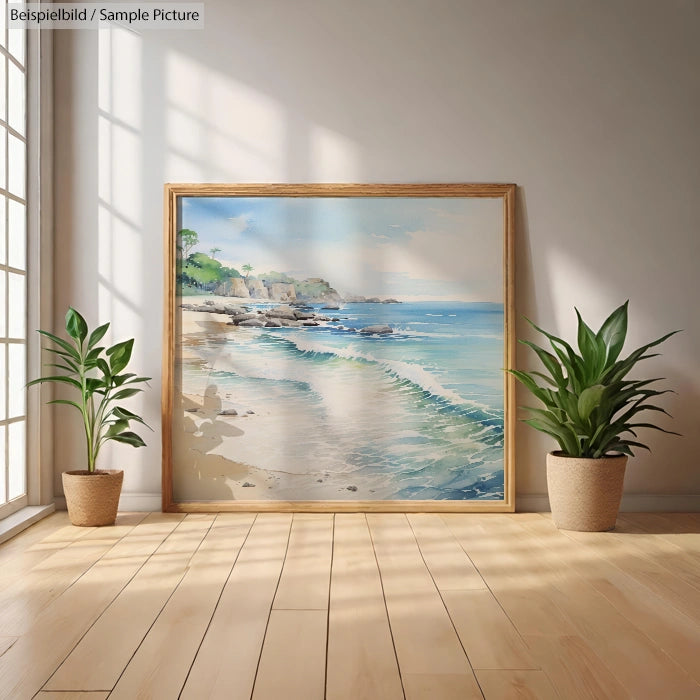 Framed seaside landscape painting with waves, displayed on wooden floor, flanked by two potted plants.