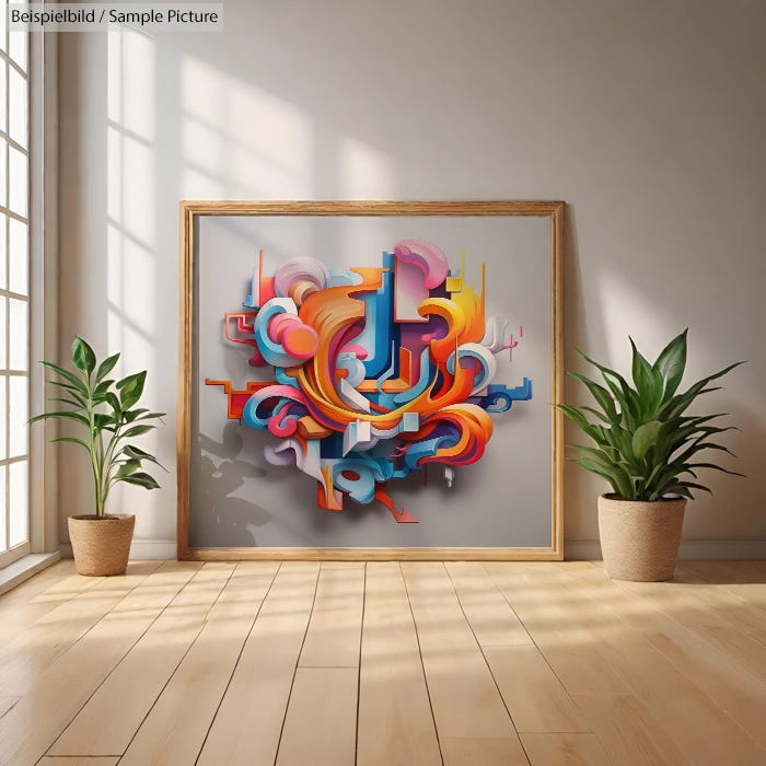 Colorful abstract painting with swirling patterns in a bright room with large windows and two potted plants.