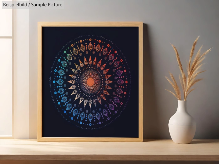 Framed mandala artwork with colorful patterns on a dark background, placed on a shelf beside a white vase with dried grass.