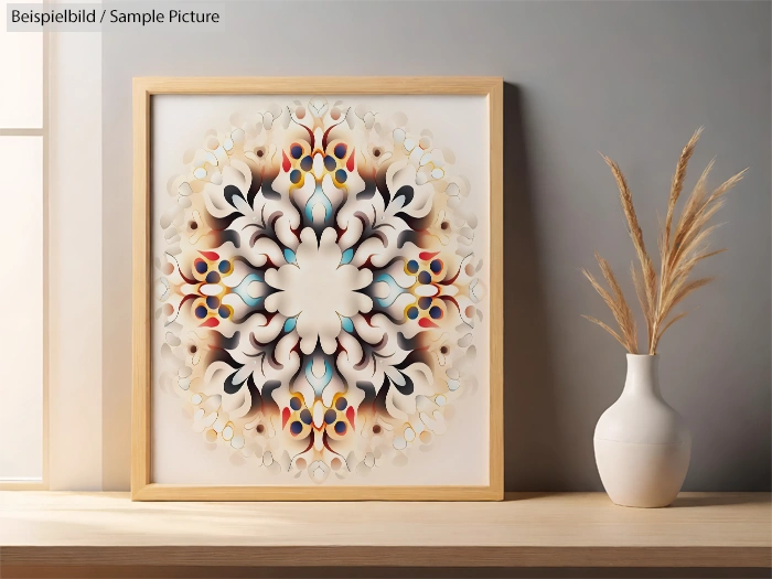 Framed mandala art with intricate floral patterns next to a white vase on a wooden shelf.