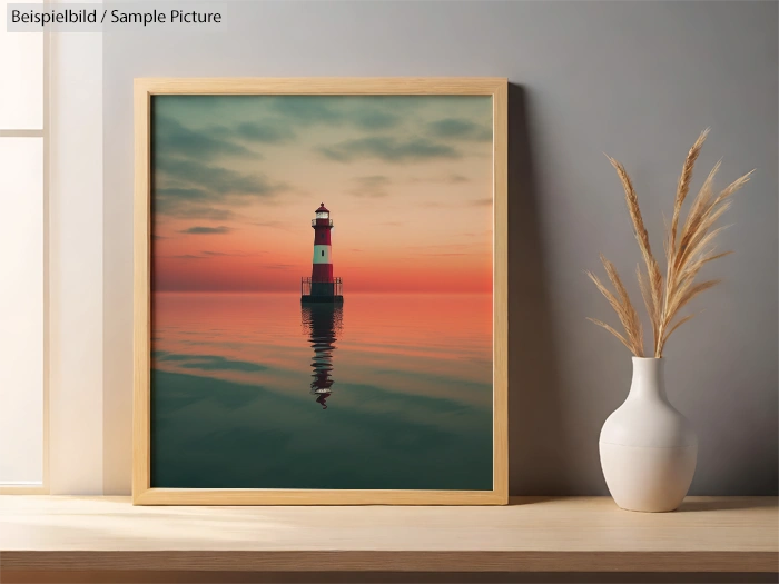 Framed photo of a lighthouse on calm water at sunset, with orange and teal tones, placed on a shelf next to a vase.