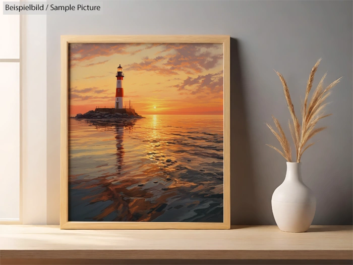 Framed painting of a sunset over the ocean with a lighthouse on a rocky island, next to a vase with dried grasses.