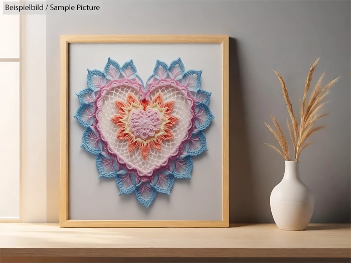 Framed crochet heart art with blue, pink, and orange yarn, displayed on a wooden shelf next to a white vase with dried grass.