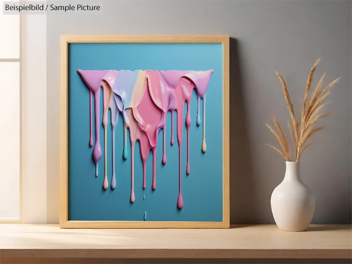 Framed abstract art with dripping pastel pink, blue, and beige paint, placed on a wooden shelf beside a white vase.